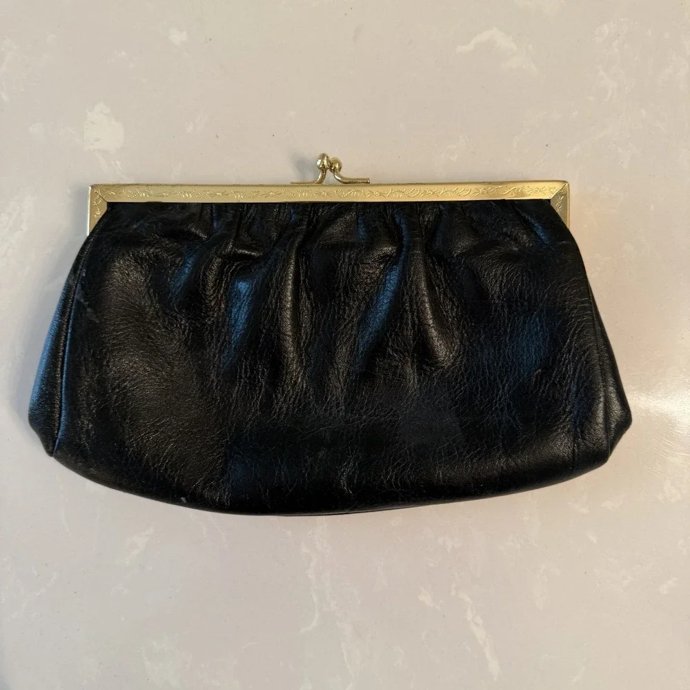Etra Vintage Clutch Purse Chain Strap 1960s Black Leather